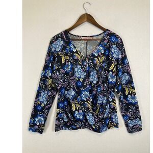 Floral Boho Willow Drive Women XL Black Blue Twist Front V-Neck Long Sleeve Top